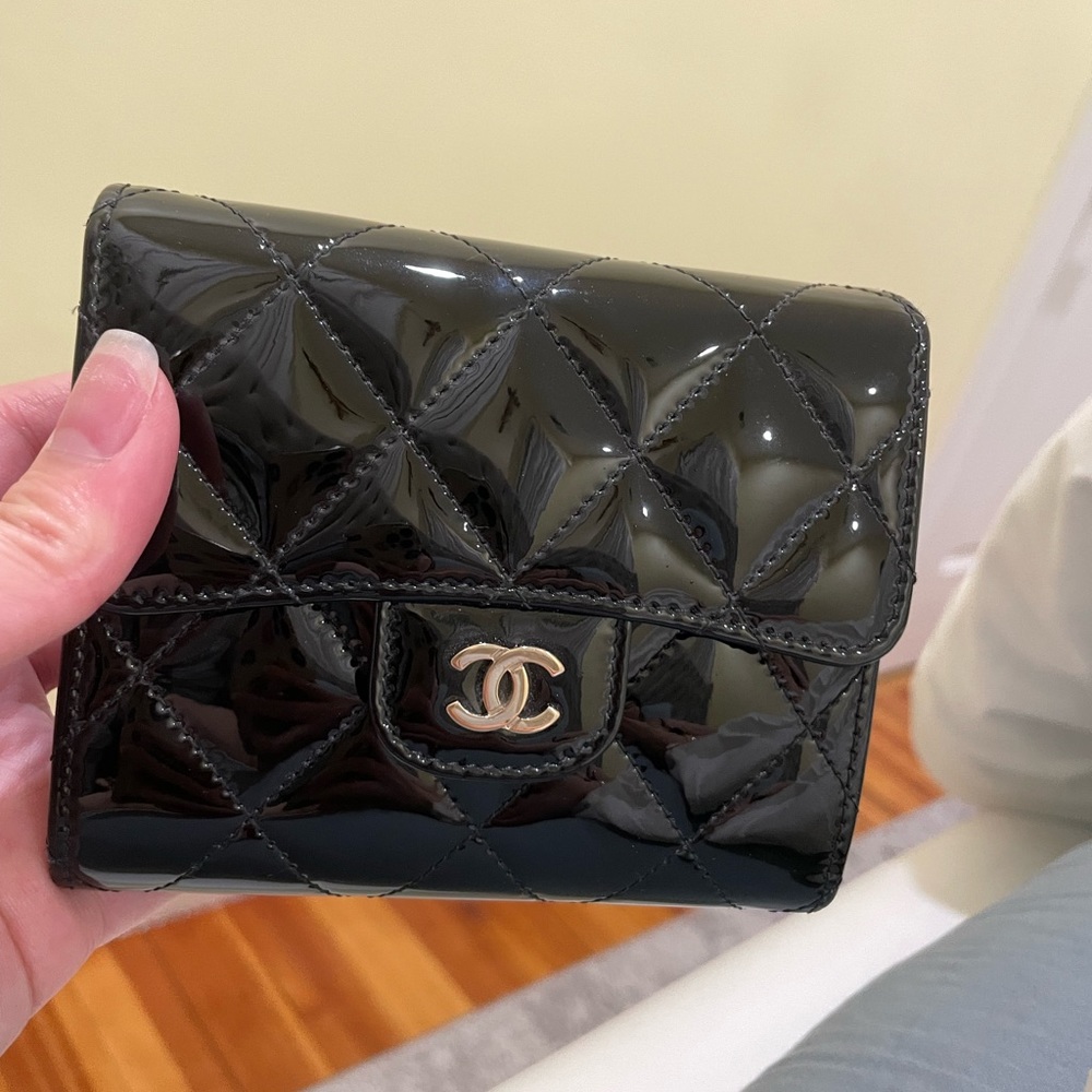 Authentic CHANEL black patent chanel tri fold wallet